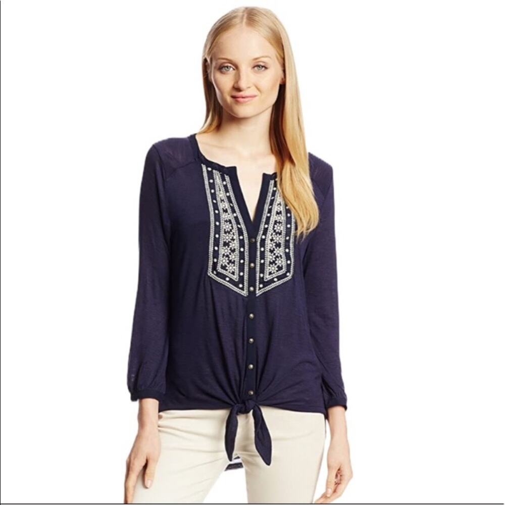 LUCKY BRAND Women's Ariana Tie Front Embroidered Top Navy Size Small